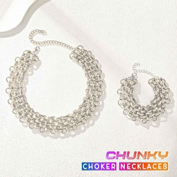 Choker Necklaces Set Chunky Punk Necklace Cuban Link Thick Necklace Jewelry 2 Pc - Picture 2 of 7